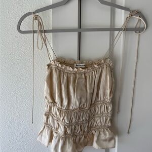 Reformation Cream Ruched Satin Tie-Shoulder Cami